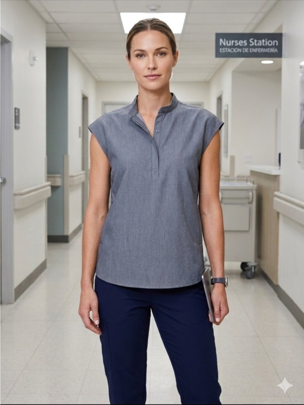 Figs Mandarin Collar Cap Sleeve Top in Slate Blue